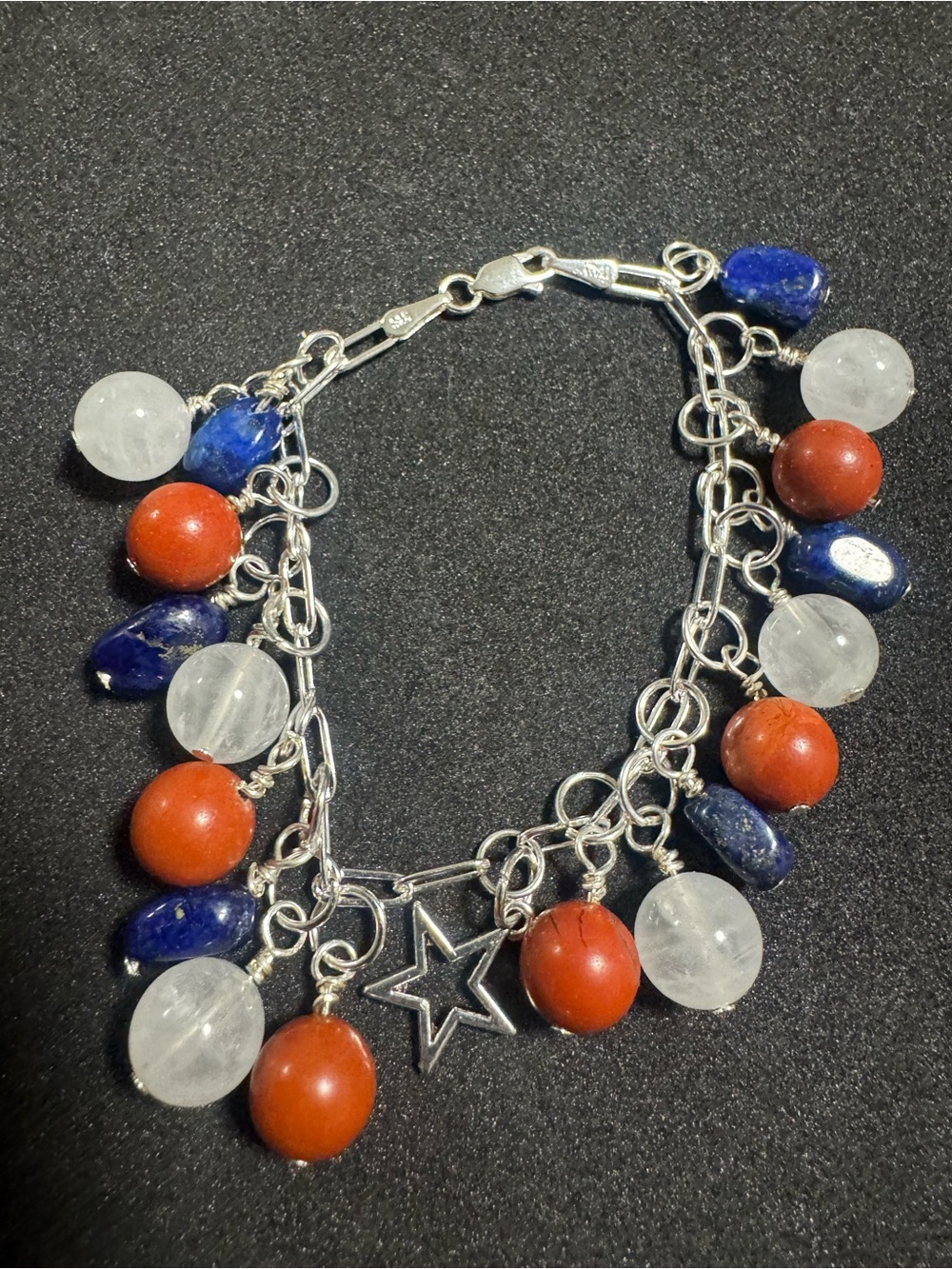 Handmade red jasper, quartz and lapis gemstone Charm Bracelet - Blue, Red, White